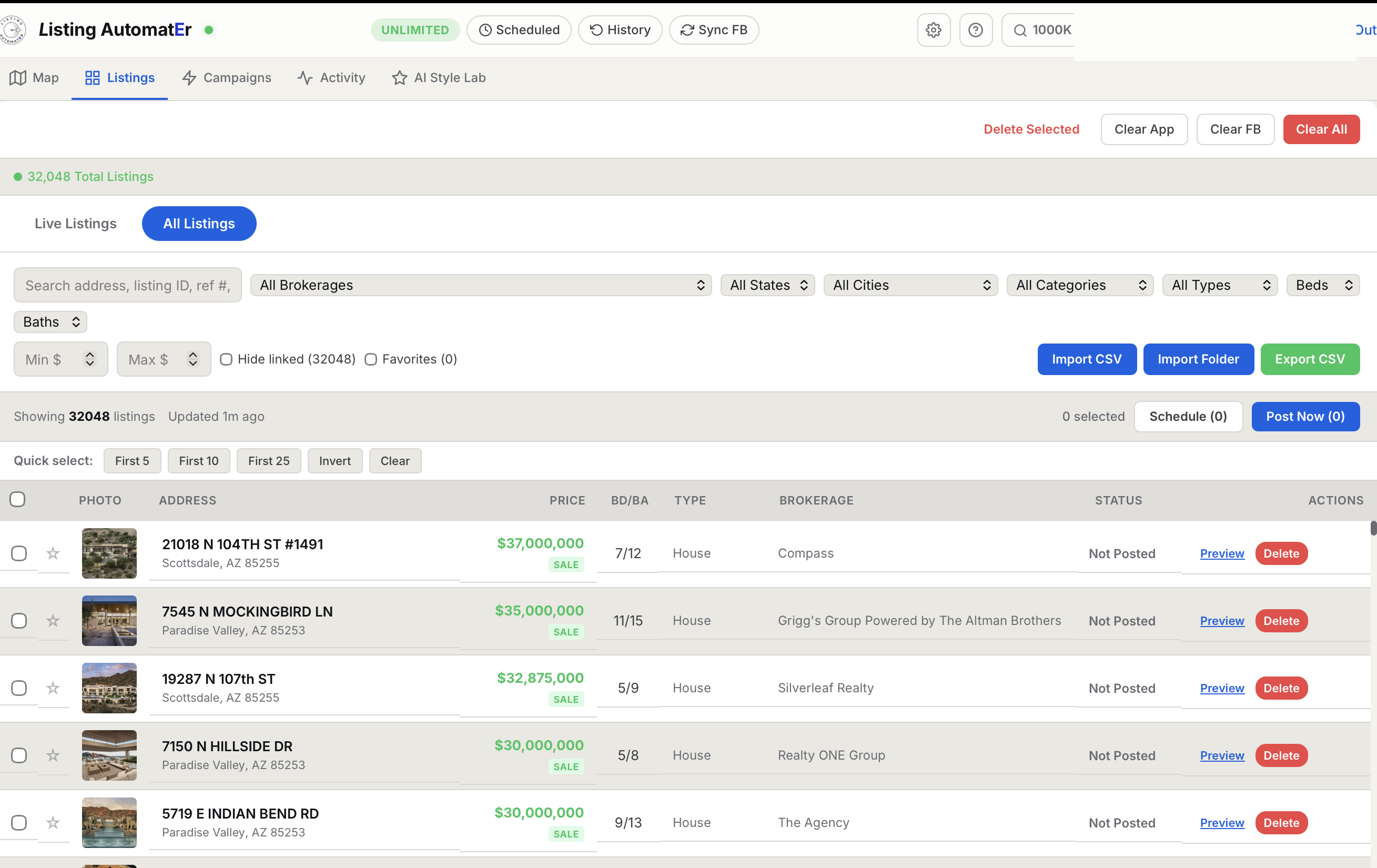 Listings view of the desktop app with AI-drafted post copy